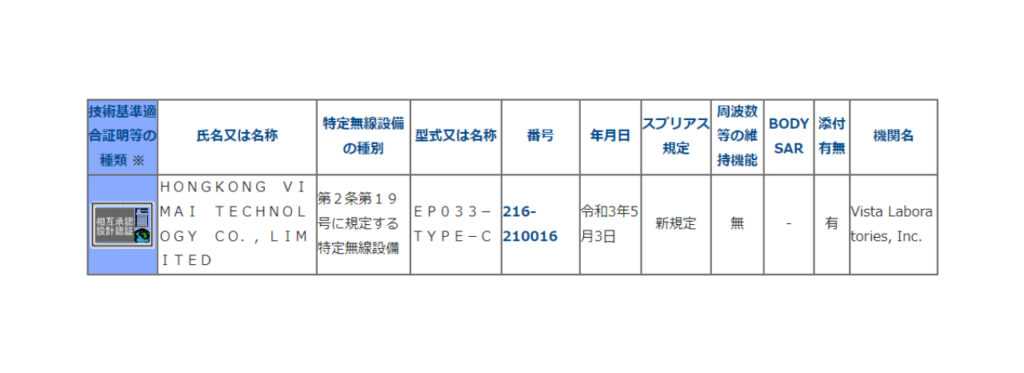 from : 総務省 技術基準適合証明等を受けた機器の検索