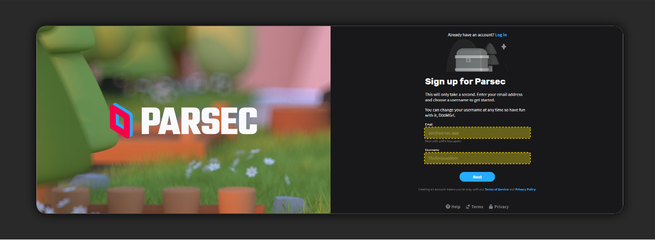 Parsecの登録画面